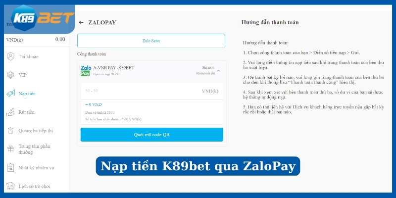 Nạp tiền K89bet qua ZaloPay